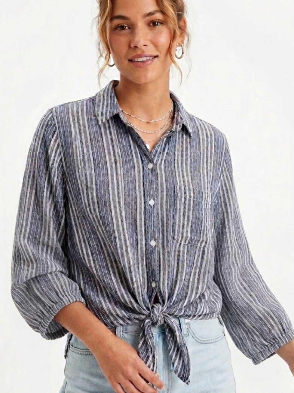American Eagle Outfitters Navy Striped Crop Shirt⛵⛱️